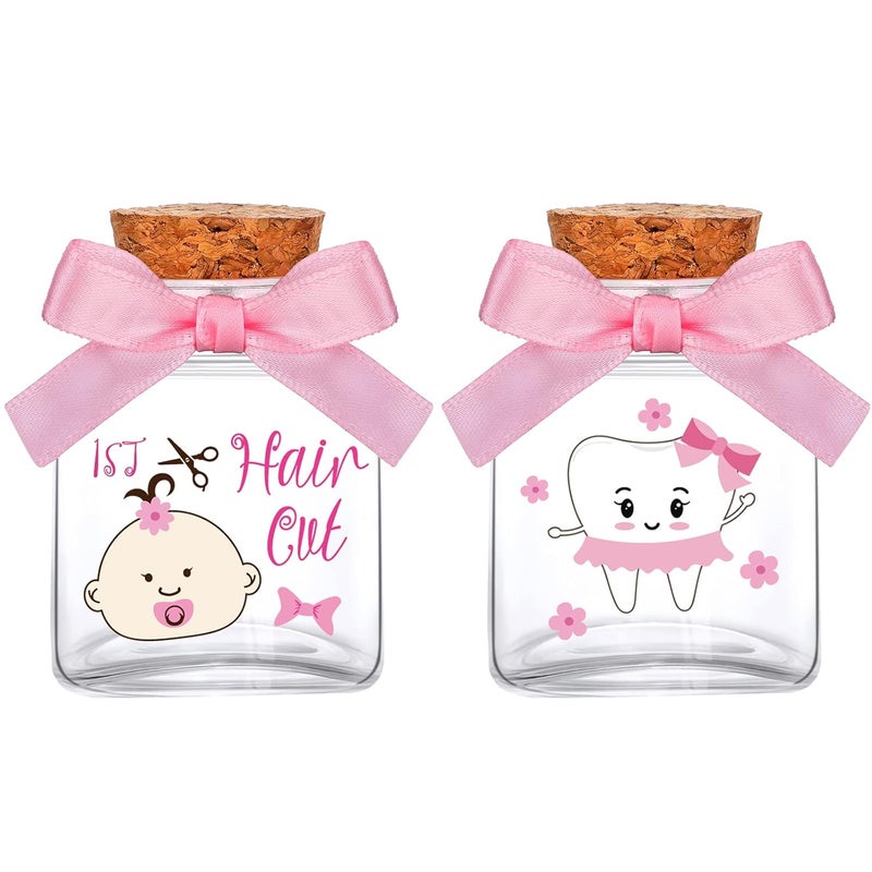 Eaasty 2 Piece Baby Keepsake Box Glass Baby First Teeth Curl Haircut Keepsake Holder for Boys and Girls(Pink,Girl Pattern) - Image 1